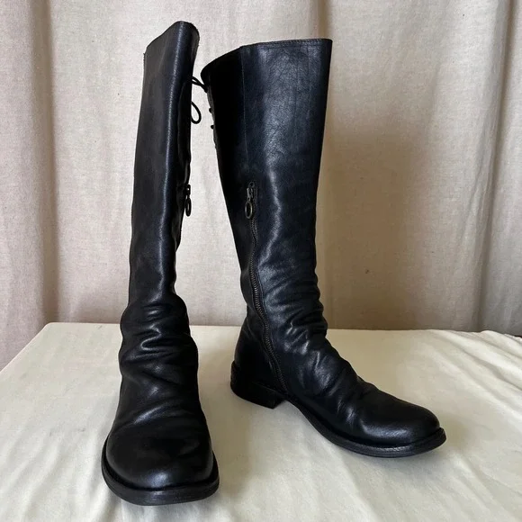Fiorentini + Baker Emma Tall Leather Boots Black Italy Size 38 Lace Back